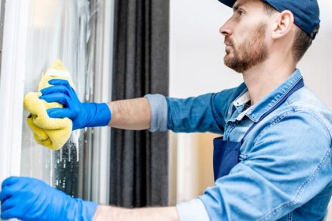 person cleaning window